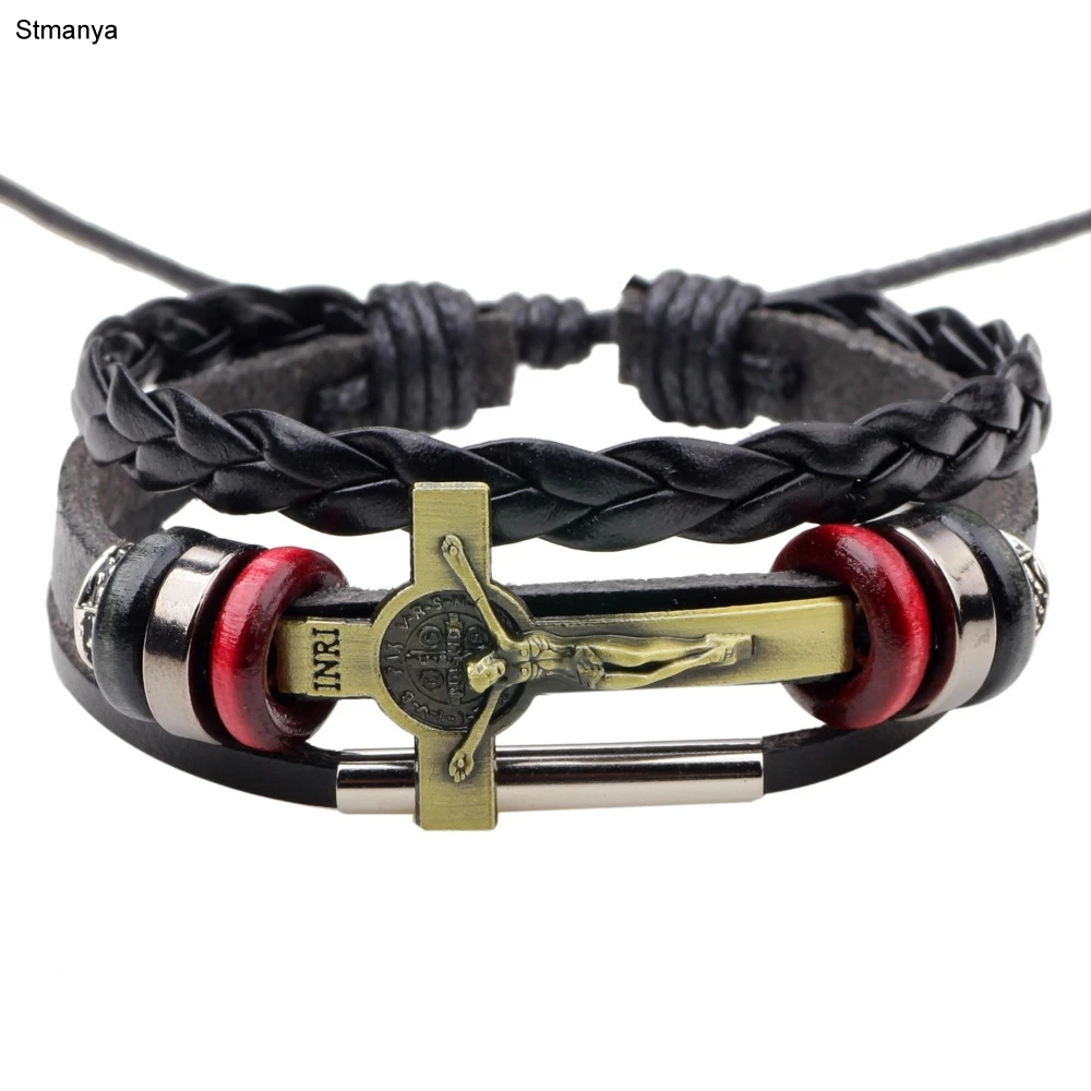 Neue Multilayer INRI Leder Armbänder Für Männer und Frauen Leder Armbänder legierung Kreuz von Jesus Perlen Armbänder großhandel 18163