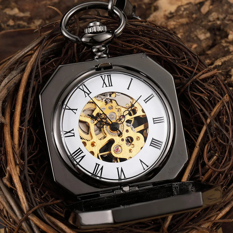 Luxury Chinese Mascot Lion Black Mechanical Pocket Watch Men Hand Wind Retro Hollow Skeleton Fob Necklace Watch With Chain Gift