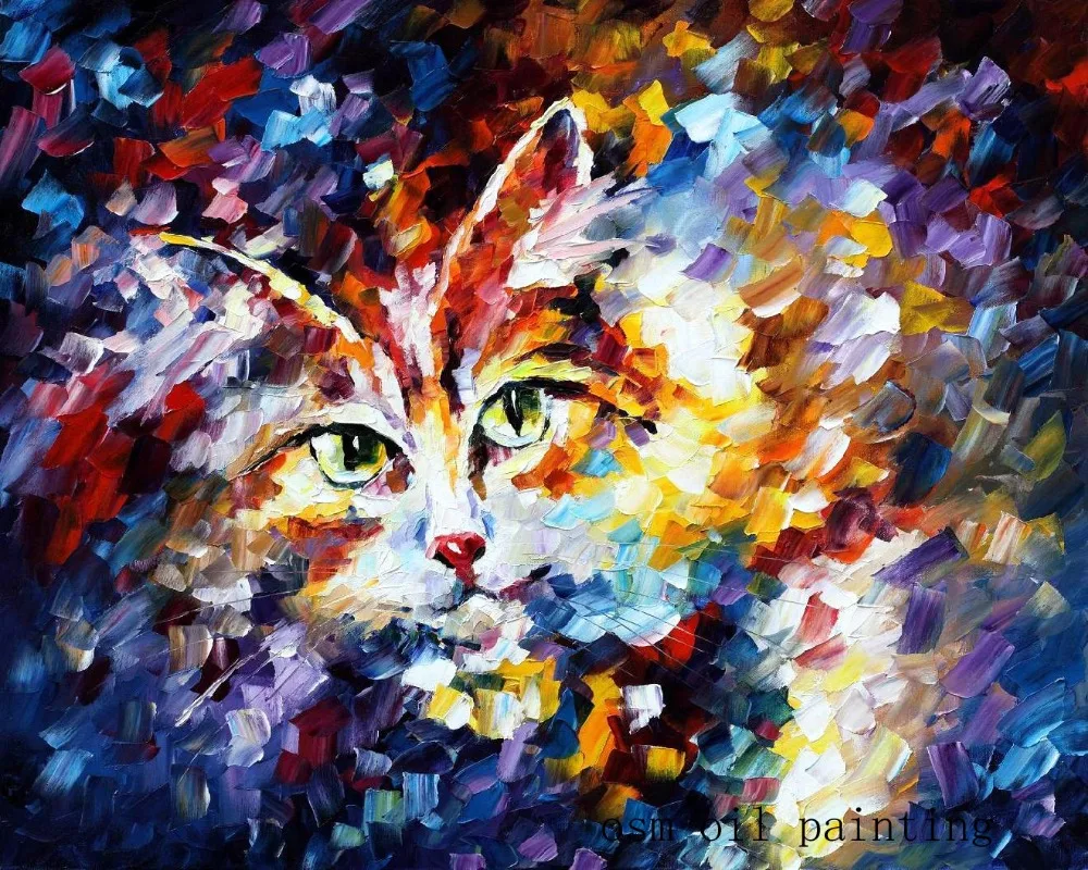 Top Skill Handicraft Palette Knife Animal Cat Oil Painting on Canvas Handmade Pussy Wall Painting Kitty for Kid Room Decor