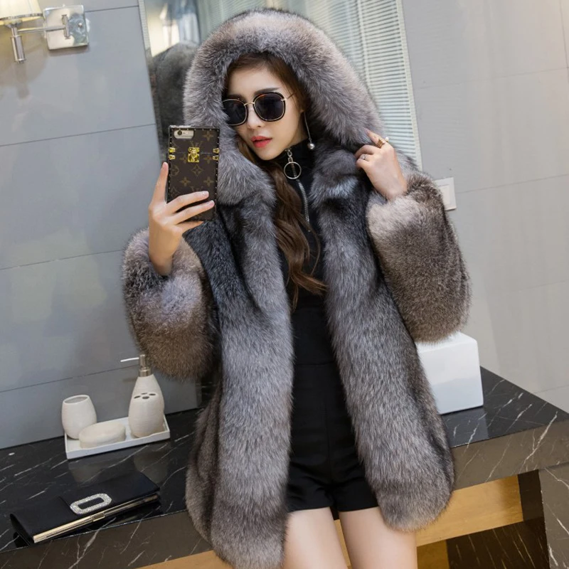 

Women silver frost fox fur coat with fur hood medium long fur overcoat female luxury warm jacket winter outerwear