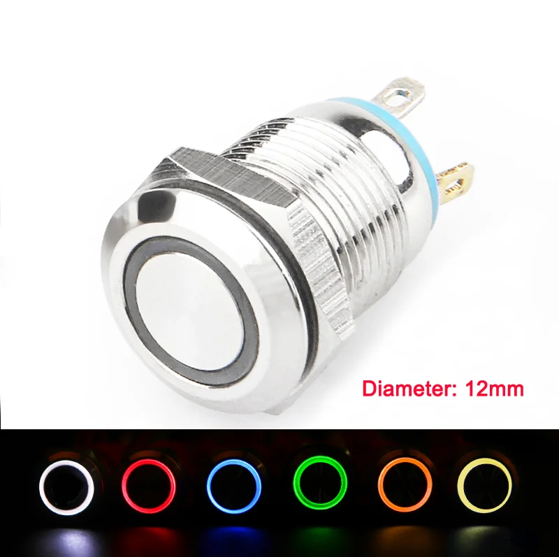 DC 12V Automatic Reset Switch Self Reset Metal Push Button Switches With Lamp 6 Colors Available 12mm Diameter Threaded