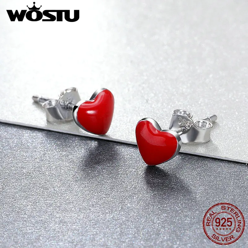 WOSTU 100% 925 srebro słodkie czerwone serce emalia stadniny kolczyki dla kobiet srebrny kolczyk Hot sprzedam Party biżuteria prezent FME147 — zdjęcie 5