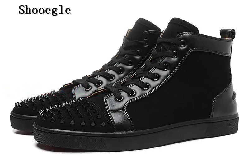 

SHOOEGLE 2018 New Black Patchwork Rivets Men Shoes Studs Lace-up Sneakers Men Hightop Flat Casual Shoes Man Outdoor Ankle Boots