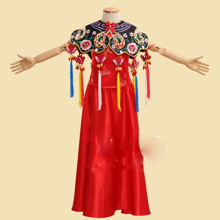 Hong Fu Red Ethnic Fashion China National Trend Red costume for Little Girl with Hair Tiaras Beautiful Girl's Costume