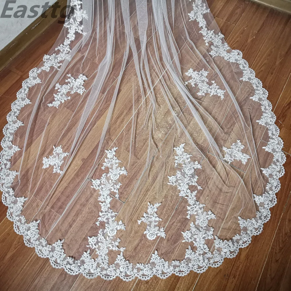 New Real Photos White/Ivory Bridal Veil Appliqued Mantilla velos de novia Wedding Veil Long With Comb Wedding Accessories