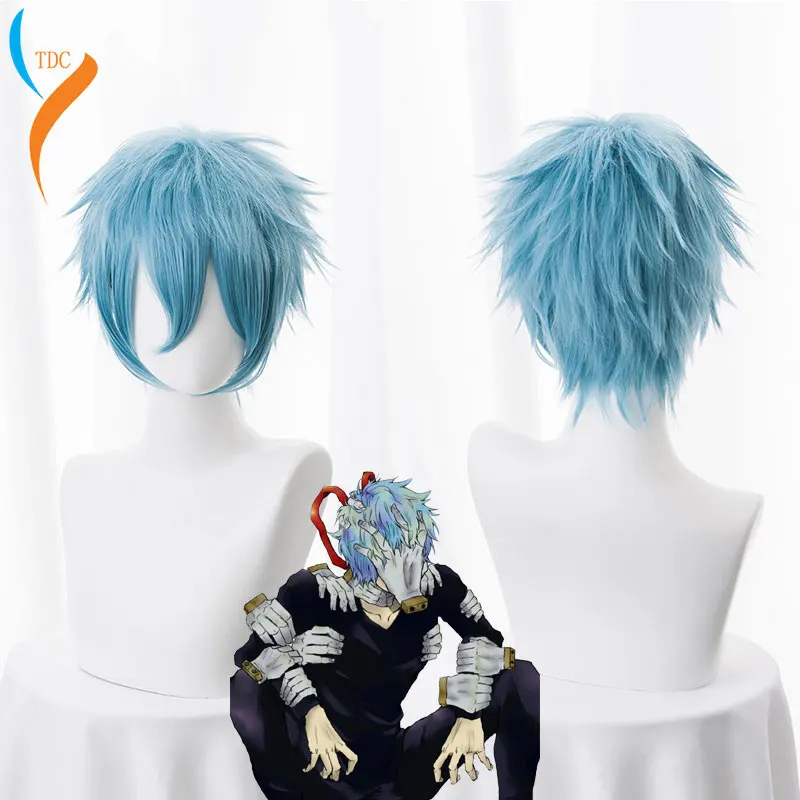 Pelucas de Anime My Academia Boku no Hiro Akademia Shigaraki Tomura, peluca corta de Cosplay rizada mixta gris y azul, gorra de peluca