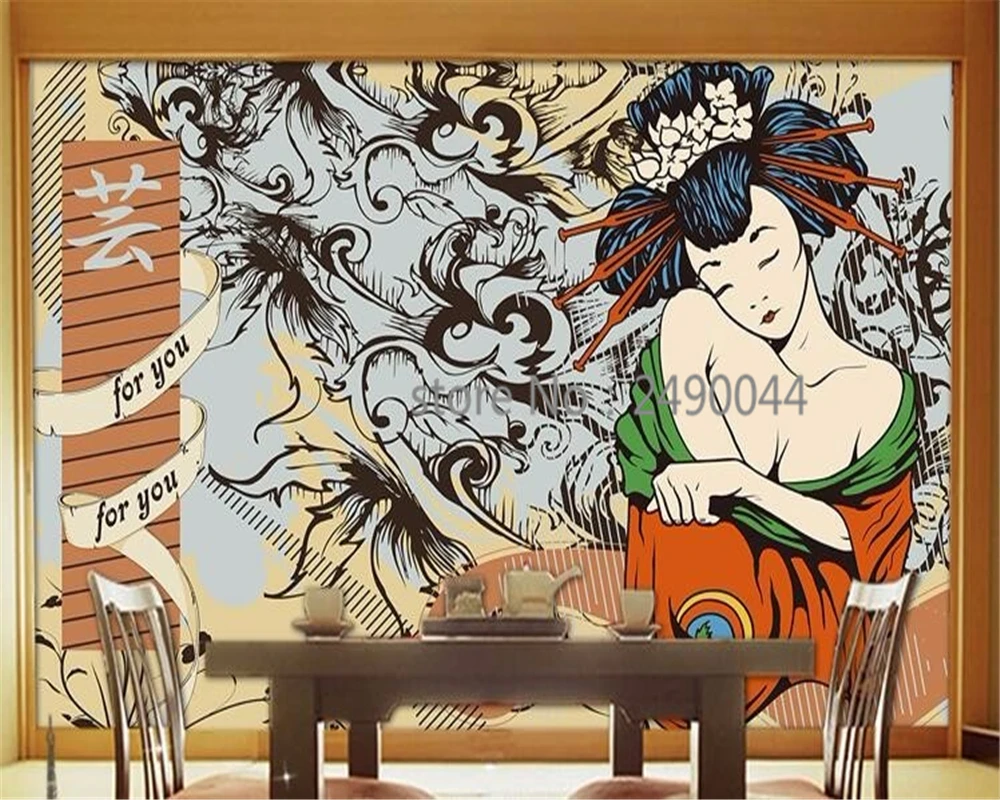 Custom size mural Japanese lady picture wallpaper restaurant decorative painting hand painted character background 3d wallpaper