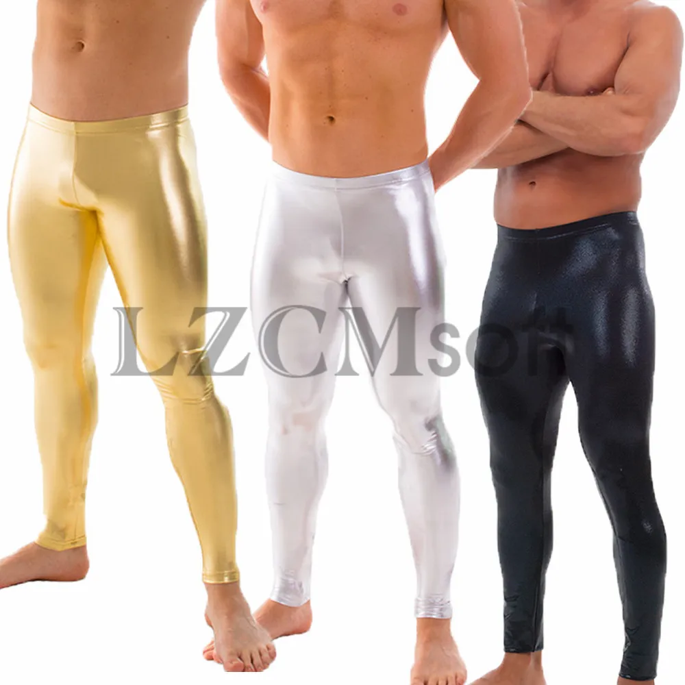 

LZCMsosft Mens Spandex Shiny Metallic Gold Dance Leggings Low Waisted Stage Performance Costume Pants Skinny Leggings For Adults