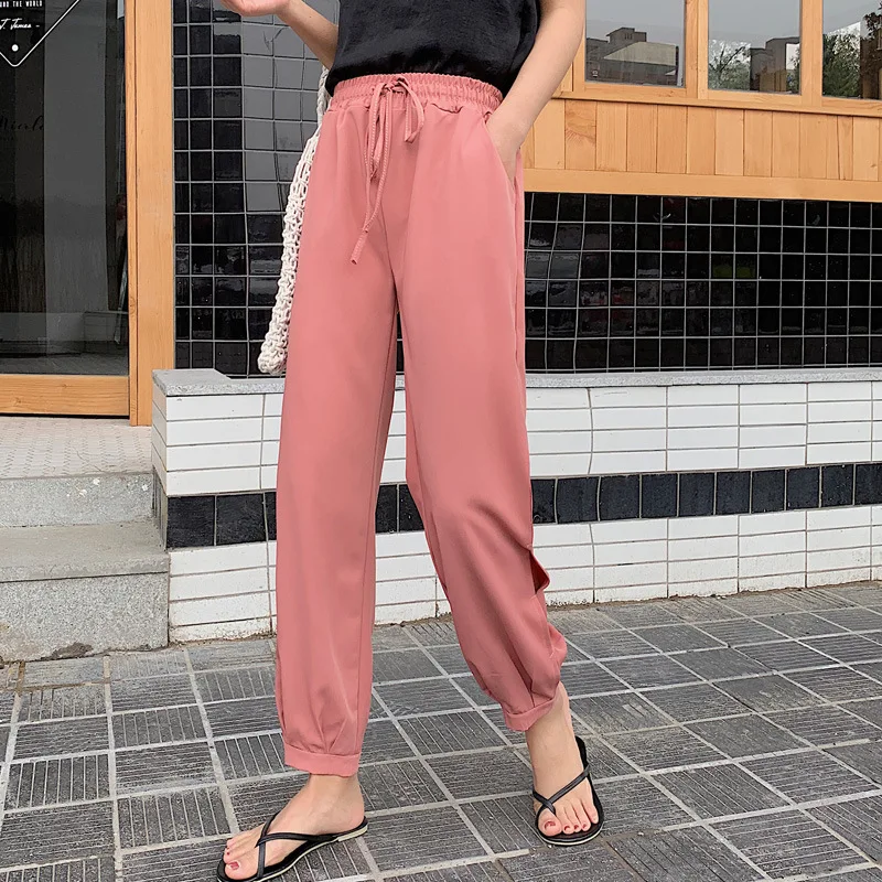 

Summer thin section chiffon harem pants women's loose nine points carrots feet foot slits anti-mosquito Drawstring pants