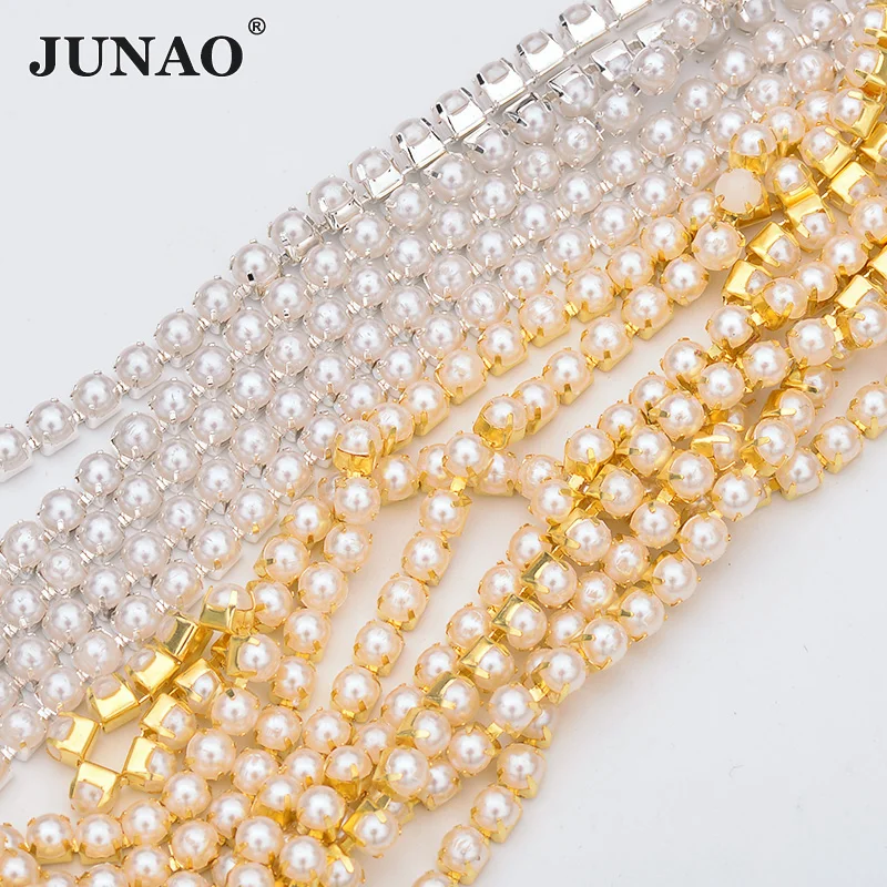 JUNAO ss6 ss12 ss16 화이트 진주 체인 라인 석 트림 신부 진주 목걸이 장식 웨딩 드레스에 대한 아크릴 Strass Applique