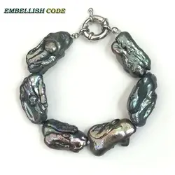 NEW irregular Rectangle shape real freshwater pearl bracelet fine jewelry color dark green with black few brown color for women