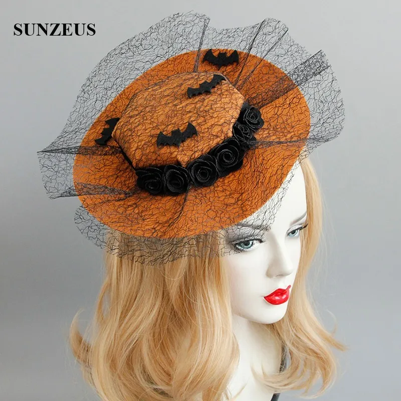 Gothic Style Orange Bridal Hats With Black Tulle Flowers Bat Halloween Vampire Carnival Wedding Party Hat FJ-185