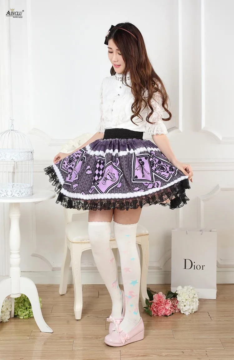 Stampato viola Alice's Poker Lolita pizzo abito gonne donna stile giapponese pieghe ragazze carino mezze gonne Cosplay partito XS-XXL