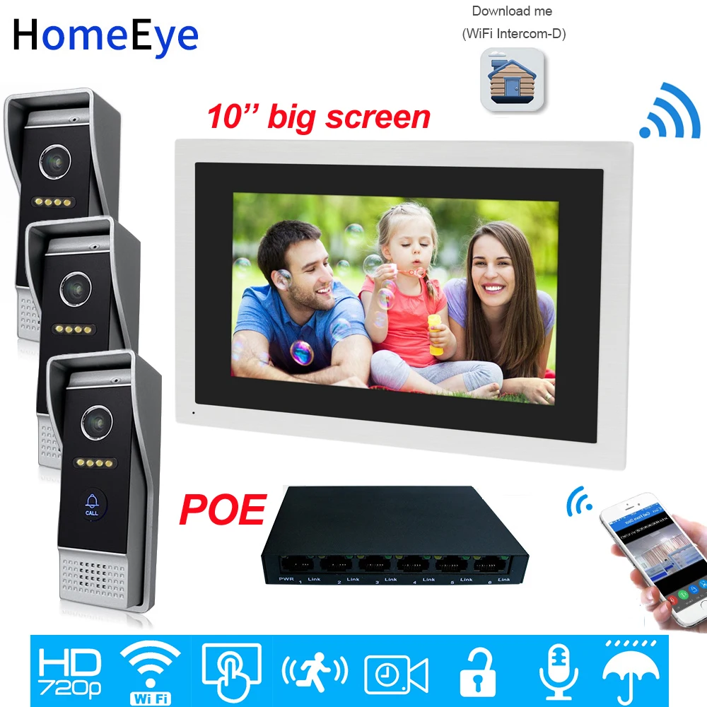 

720P HD WiFi IP Video Door Phone Video Intercom 3 Doors 10''Touch Screen POE Home Access Control System Mobile App Remote Unlock