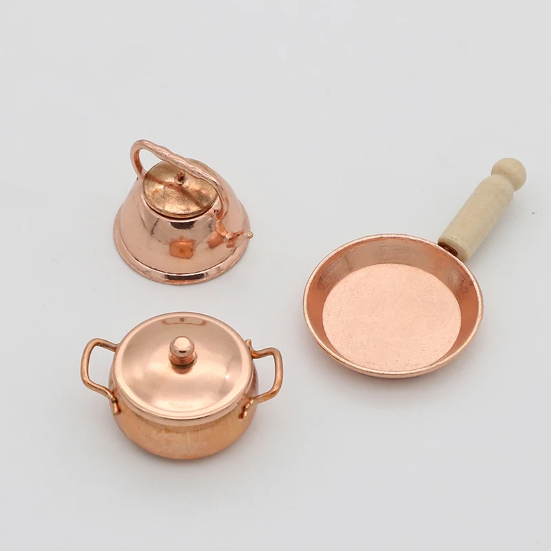 3pcs/Set 1:12 Scale Dollhouse Miniature Bronze Frying Pan Cooking Pot Kettle Cookware Kitchen Cooking Kit Dolls Accessories