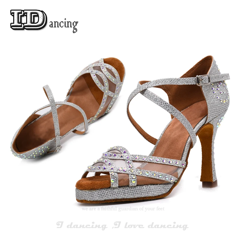 Women Latin Dance Shoes Tango Dance Shoes Rhinestone Wedding Shoes Salsa Shoes with Platform Black High Heel JuseDanc