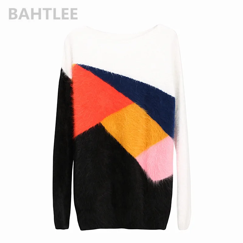 BAHTLEE-Women's Angora Rabbit Knitted Pullovers, Long Sleeve Sweater, O-Neck, Keep Warm, Polychromatic Patchwork, Autumn, Winter