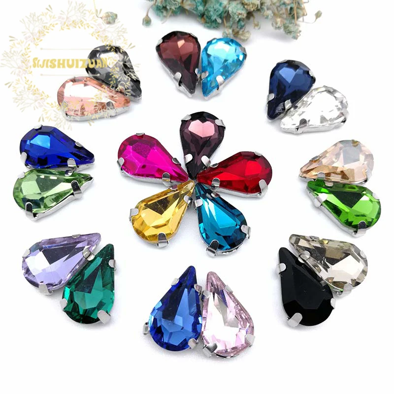 

Multi Sizes 20-Colors Sew On Water drop Rhinestone Silve Claw Teardrop 4-Holes For Jewels Needlework Wedding Dress Bag Trims