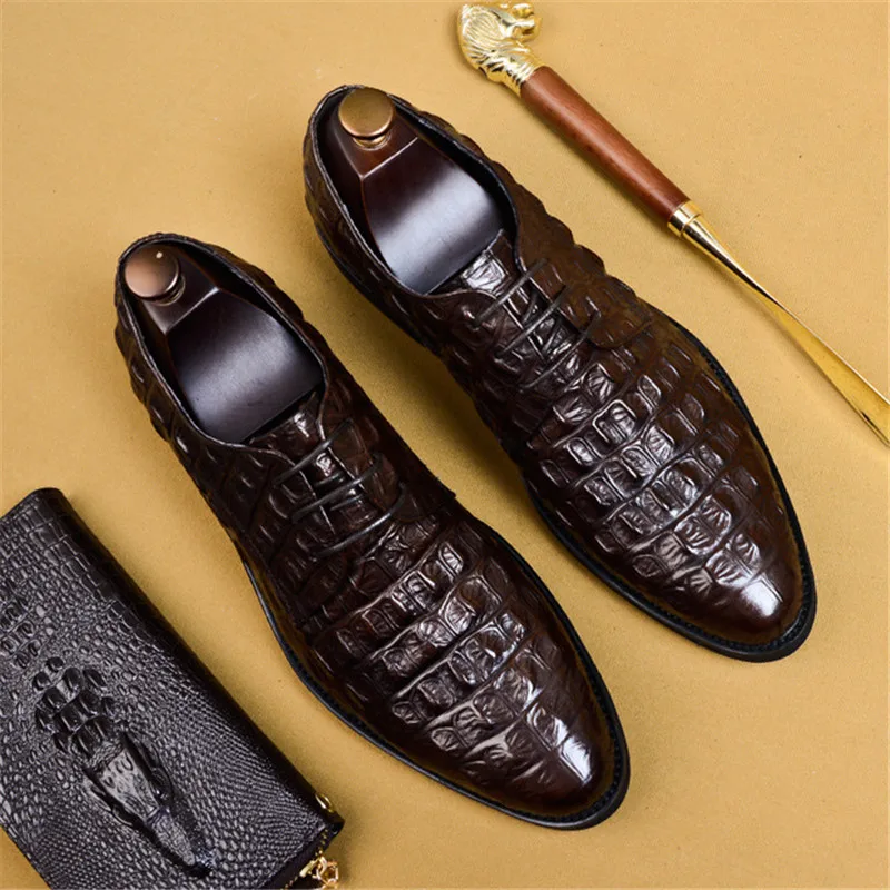 Brand Full Grain Leather Business Men Dress Shoes Retro Crocodile Designer Nature Leather Oxford Shoes For Men Size EU 38-46