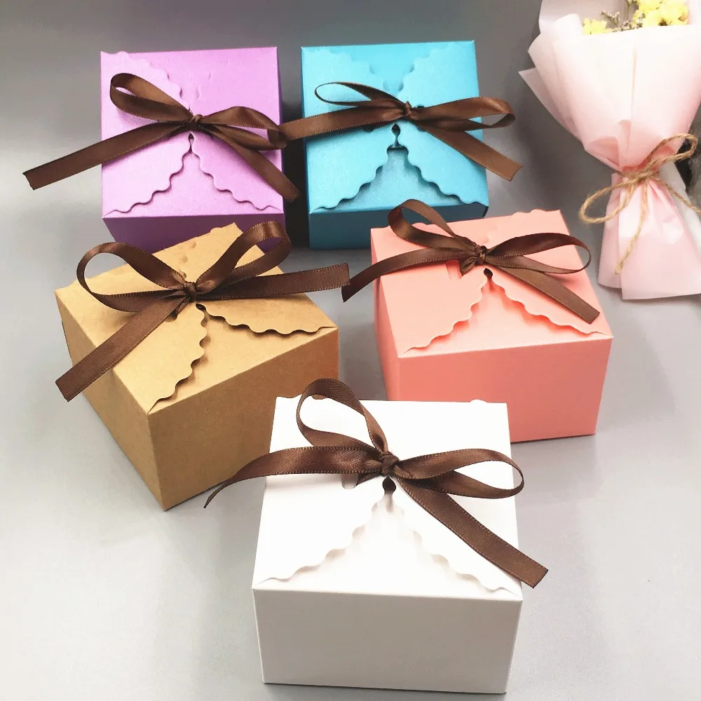 20pcs Paper Handmade Birthday Wedding Party Favor Gift Boxes Colorful Paper Candy Box With Free Ribbon,Gifts Packaging Boxes