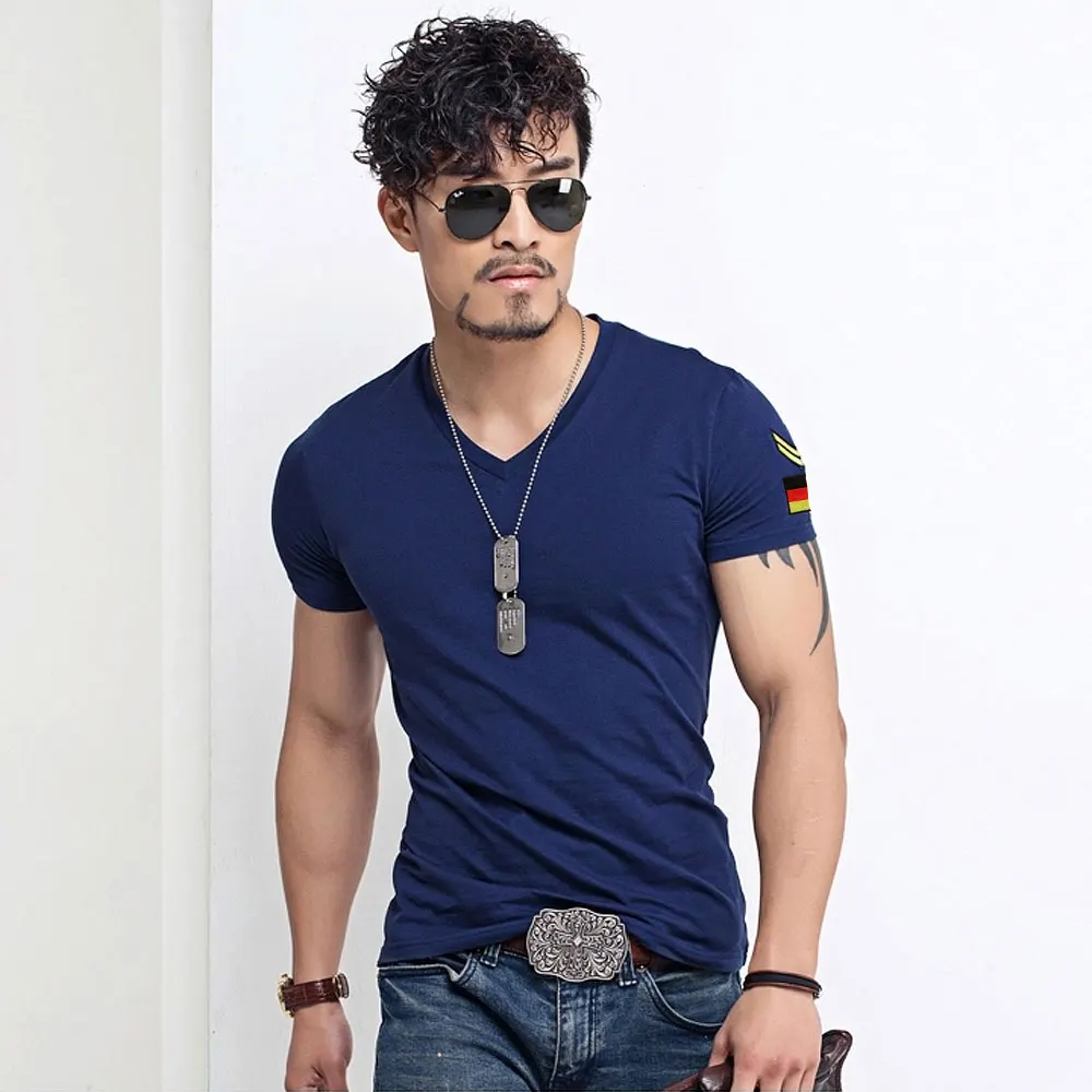 Summer Casual Slim Fit V Neck T Shirts for Men Armband Men\'s T-shirt Cotton Tshirt Clothing Short Sleeve Army Green Plus Size