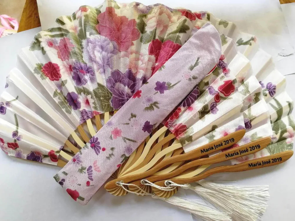 

50 PCS Personalized Cherry Blossom Design Round Cloth Folding Hand Fan with Gift bag Wedding Gifts for Guests