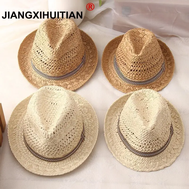 2018 new Fashion Handwork Women Summer Raffia straw Sun hat Boho Beach Fedora hat Sunhat Trilby Men Panama Hat Gangster Cap