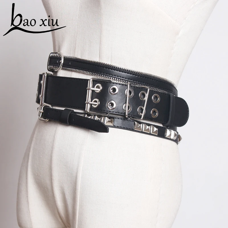 

New Vintage Punk Wide belt personality leather black belt women Silver Zipper Metal Buckle Ladies Belts Jeans Pants Straps Belt