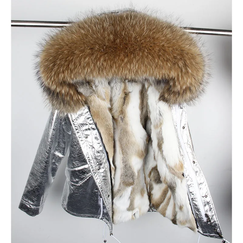 Maomaokong Rabbit Fur Lined Parka Natural Real Fur Coat Silver Coat Winter Jacket Women Raccoon Fox Fur Collar Warm Parkas