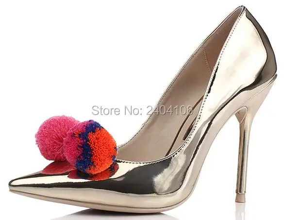 Chaussures de styliste pour femmes, escarpins de luxe, grande taille 33-43, mode, métallique, Champagne, or, argent, Pom, chaussures de mariée à talons hauts, 2018