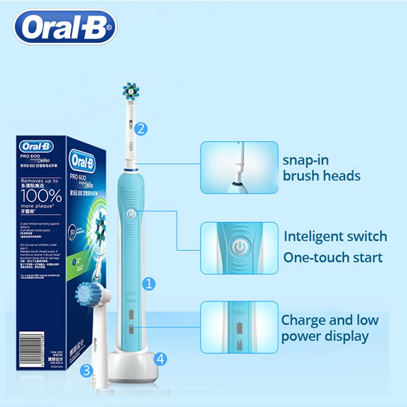 Oral B 3D ไฟฟ้าแปรงสีฟัน PRO600 Oral สุขอนามัยไฟฟ้าชาร์จหัวแปรงฟัน Deep Clean 3D สีขาวฟันหัวแปรง
