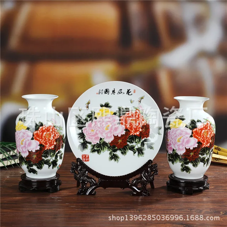 Jingdezhen ceramic crafts high-end three-piece pastel peony flower vase crafts ornaments wholesale