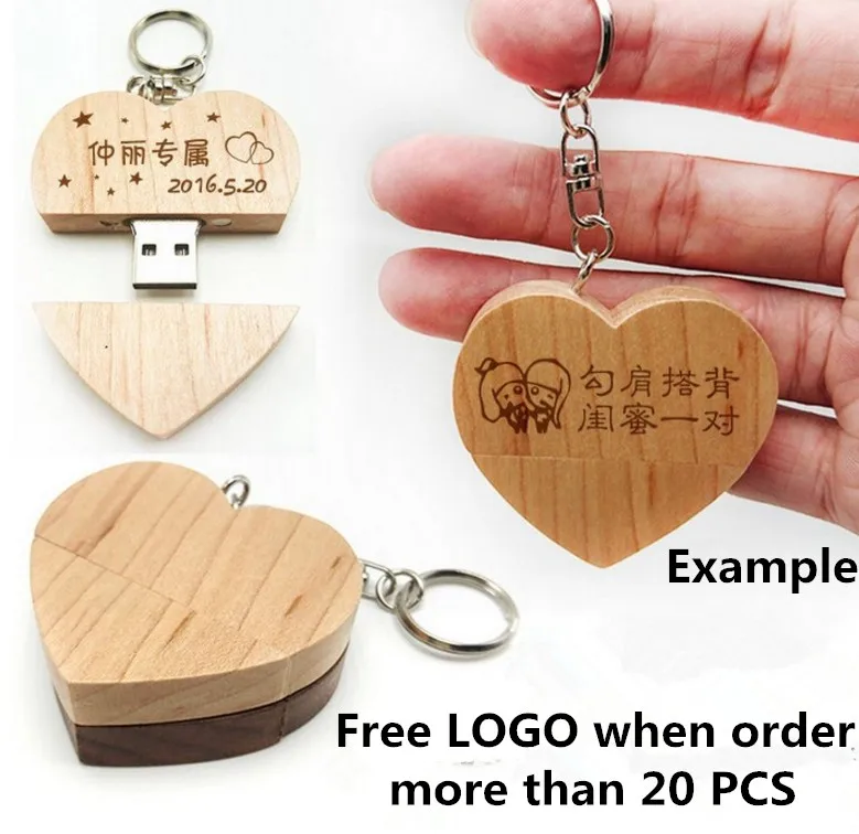 Hot Sale Custom Logo Wooden Heart Memory Stick Pen Drive 4gb 8gb 16gb 32gb Company Logo customized Wedding Gift photography gift