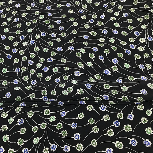 Silk crepe de chine silk fabric mini green blue floral on black bottom,SCDC1012