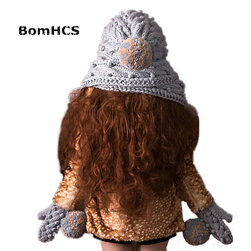 BomHCS Super Big Grey Scarf Hat & Gloves (2PCS SUIT) Cute Women Winter Warm Beanie 100% Handmade Knit Caps Mittens Gift