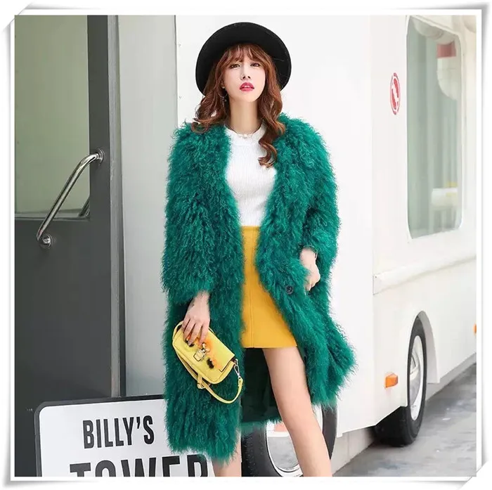 Natural fur knitted Mongolian sheep fur coat jacket overcoat women\'s winter warm fur coat with pocket 95cm extra longer size