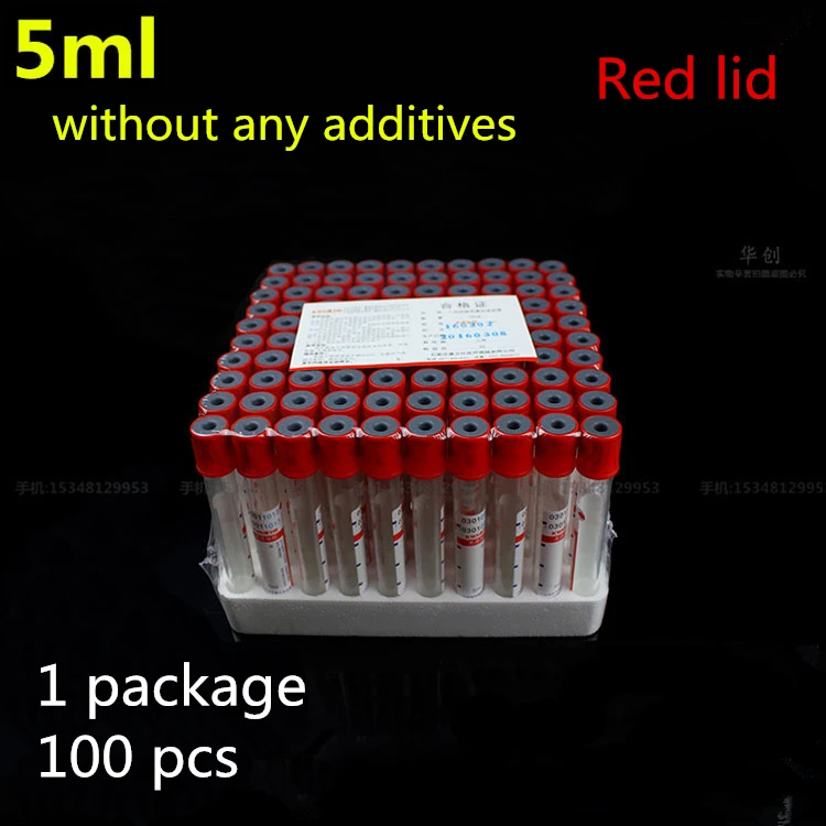 

100pcs medicail Disposable vacuum suction tube common tube 5ml red cap without any additives Vacuum test tube Red lid Laboratory