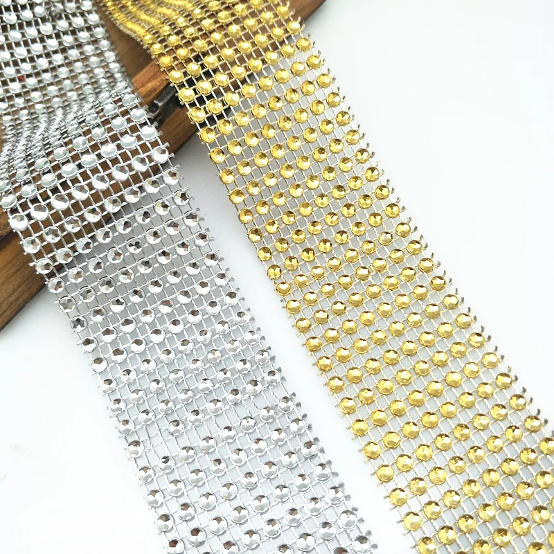 5 Yards of 8 Rows Silver Gold Diamond Sparkling Rhinestone Mesh Ribbon for Event Decorations, Wedding Cake,Crafts 5BB5525