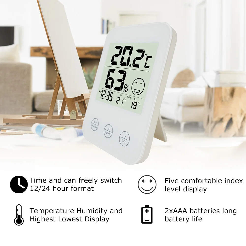 FanJu FJ718 Weather Station with Temperature Humidity Meter LCD Comfort display Indoor Thermometer hygrometer Digital Wall Clock