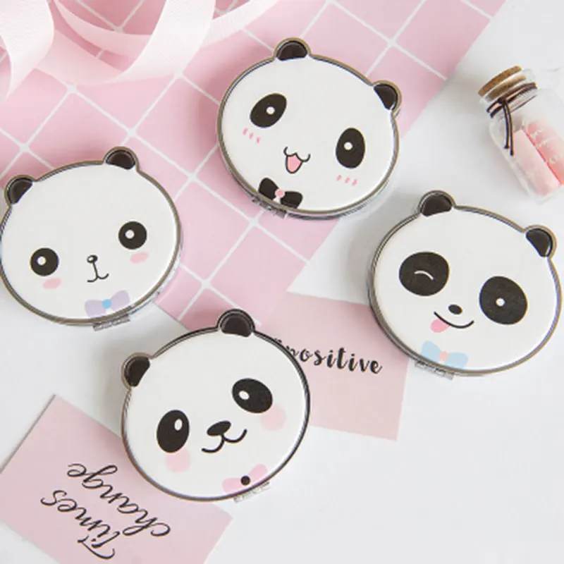 Cute Panda Cat Double Side Mirror Pu Leather Bear Pocket Mirrors Girls Mini Make Up Tool Folding Double-Sided Mirror Beauty