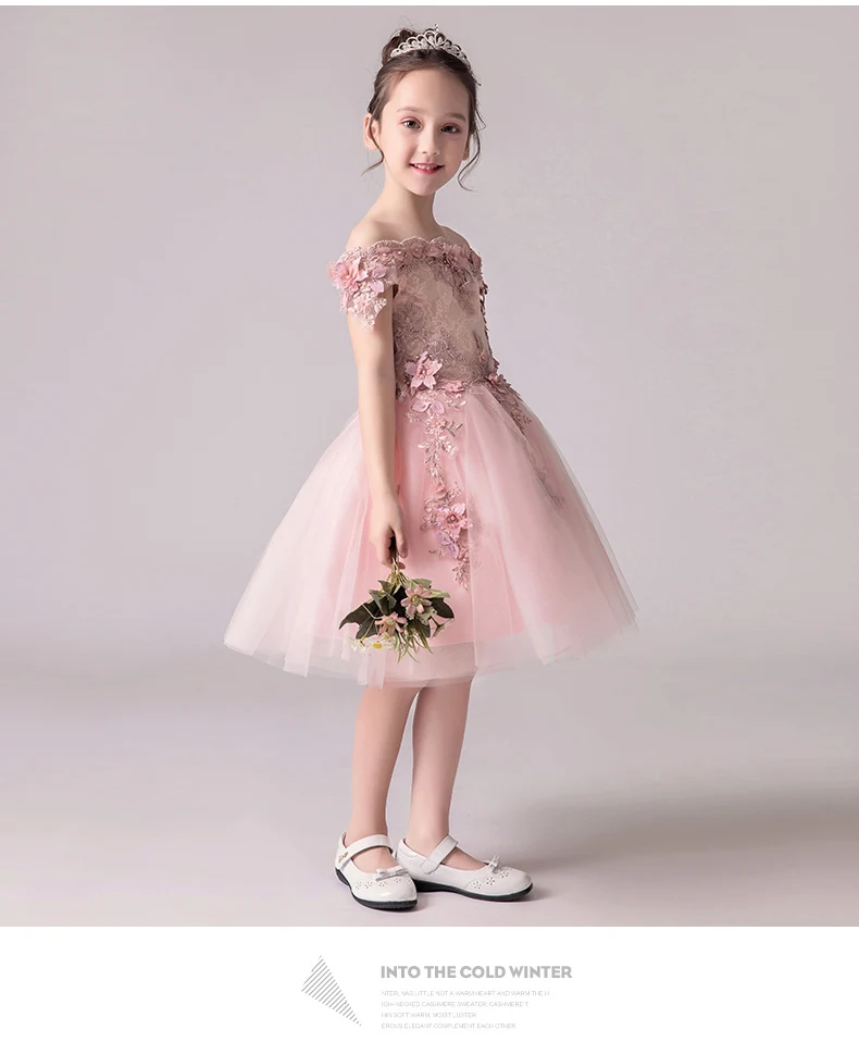 Pink Appliques Girl First Communion Dresses Shoulderless Kids Party Ball Gown Organza Flower Girl Dresses For Weddings