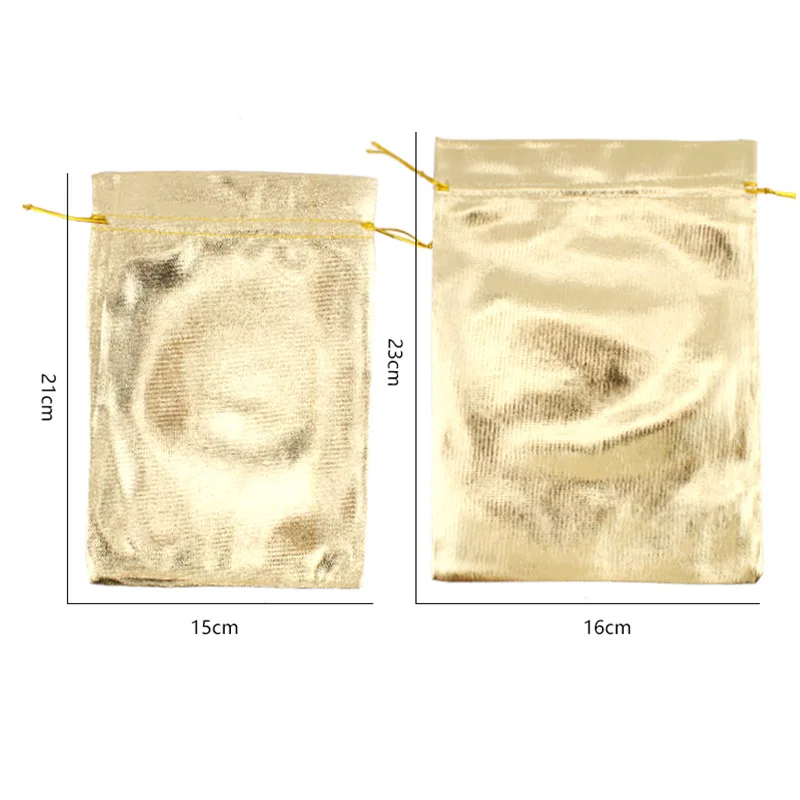 50 pçs/lote tecido banhado prata ouro jóias malotes com cordão para sacos de presente de casamento grande embalagem de jóias 15x20cm 17x23cm