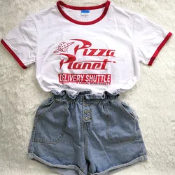 Camiseta de Hillbilly para mujer, camisa divertida de Pizza, Planeta, Humor, borde rojo, manga corta, holgada, talla grande, Top informal, cuello redondo, Hipster, Tumblr