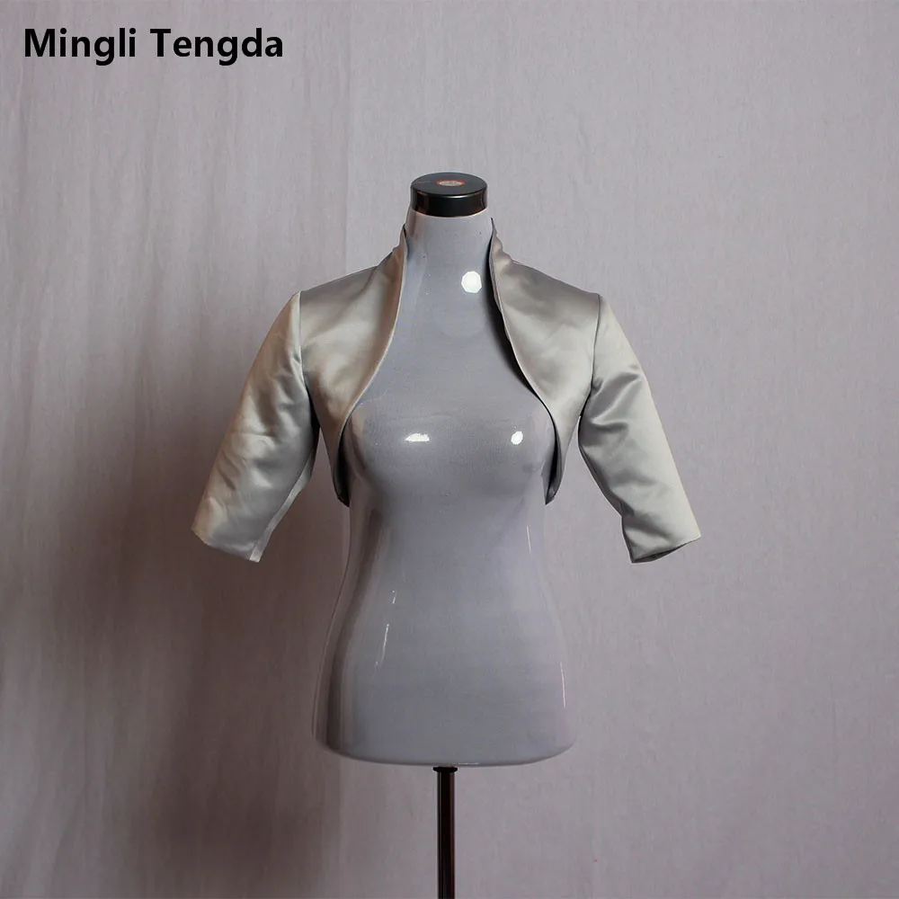 Zilver/Grijs Satin Wedding Bolero/Tippet/Shrug/Bruids Jas/Stola/Wrap Half Mouwen Gevoerd custom Made Mingli Tengda Cape Mantel