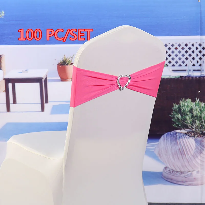 

100pcs/set Wedding Spandex Chair Sash Bands Lycra Stretch Chair Bow Ties With Heart Buckle For Beach Hotel Banquet Decoration