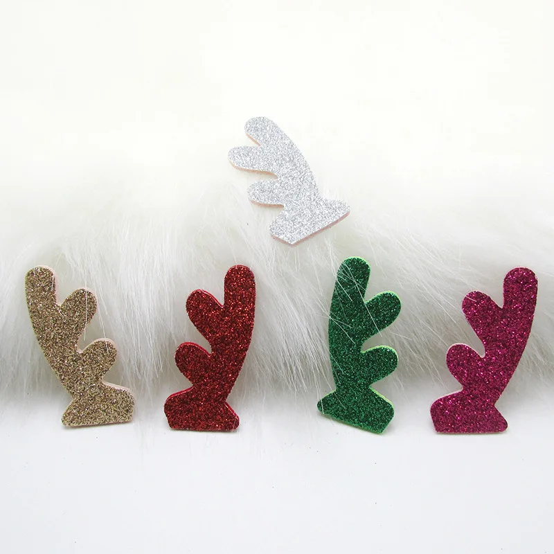 30pcs/lot 7.6*5.5cm Glitter Christmas antlers Padded Appliques For Craft Clothes Sewing Supplies DIY Hair Clip Accessories