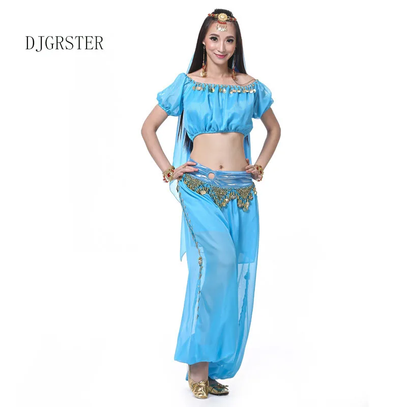 DJGRSTER 4pcs/set New Belly Dancing Costumes Top+Pants+Hand Chain+Veil Suit Indian Dance Indian Clothes Belly Dance Costume