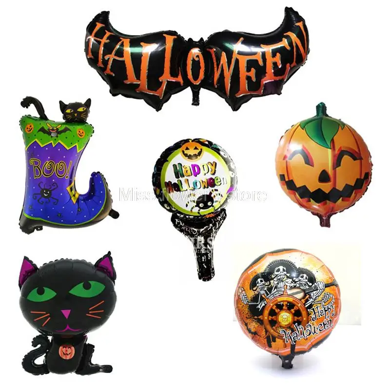 1 Pcs Carnival Halloween Cat Bat Handheld Wand Pumpkin Shoe&Cat Shape Foil Balloons Haunted House Party Decoration Pattern 1-24