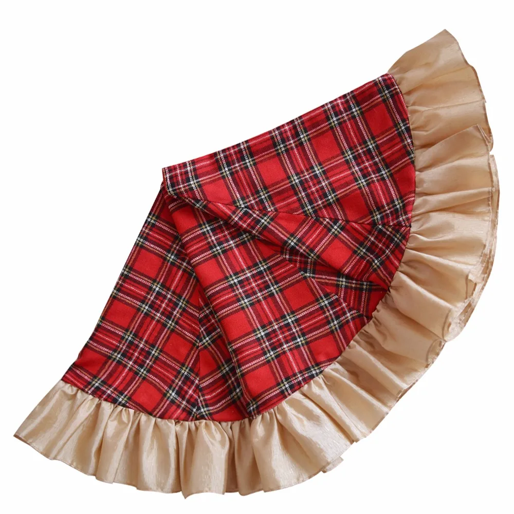 

Free Shipping Extra Large 42" Christmas Tree Skirt Patchwork Tartan Plaid with gold ruffer Border Skirt