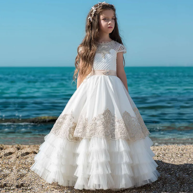 New Flower Girl Dress Lace Appliques Cap Sleeve Ball Gowns with Beading Sash Wedding Flower Girls First Communion Dresses